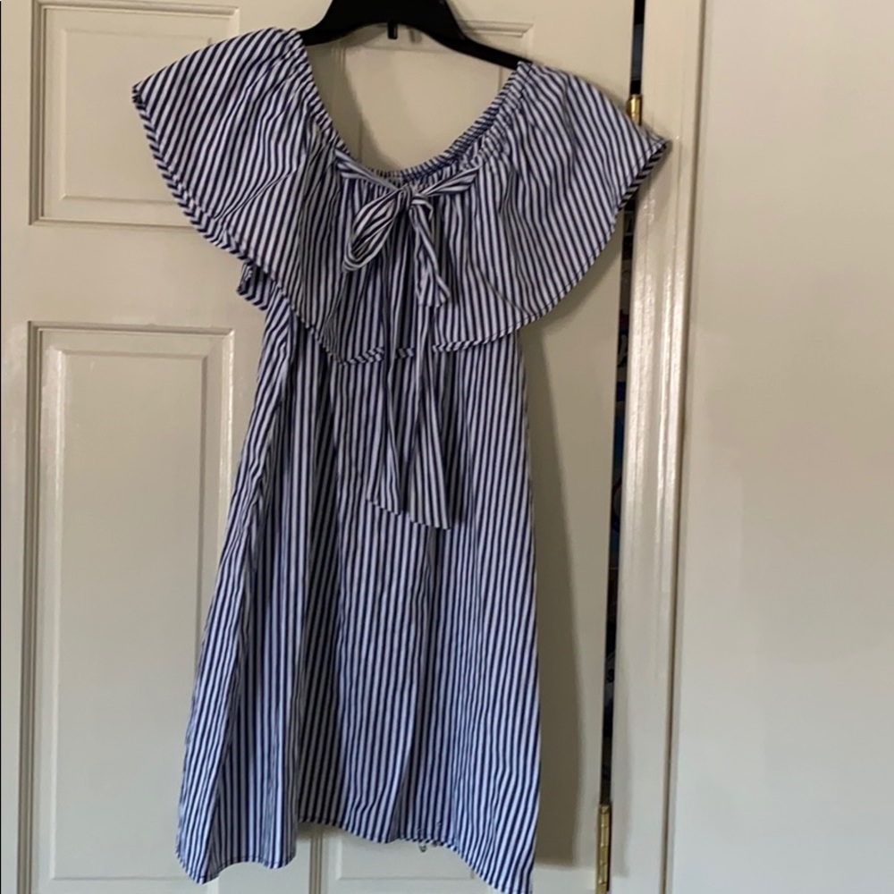 Off the shoulders denim blue & white striped dress